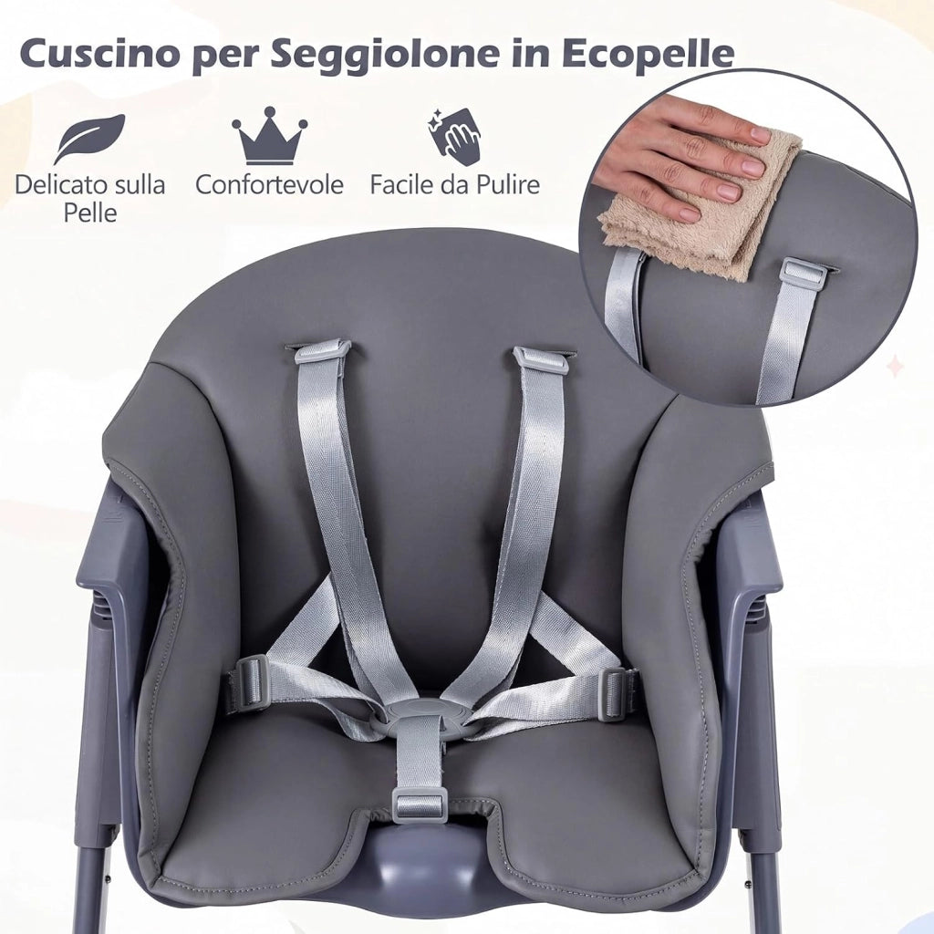 Seggiolone Pappa Evolutivo per Bambini 6-36 Mesi, Lavabile | Sedia Portatile con Vassoio Regolabile, Cuscino Imbottito e Cintura di Sicurezza, Telaio in Metallo, Portata 15 kg