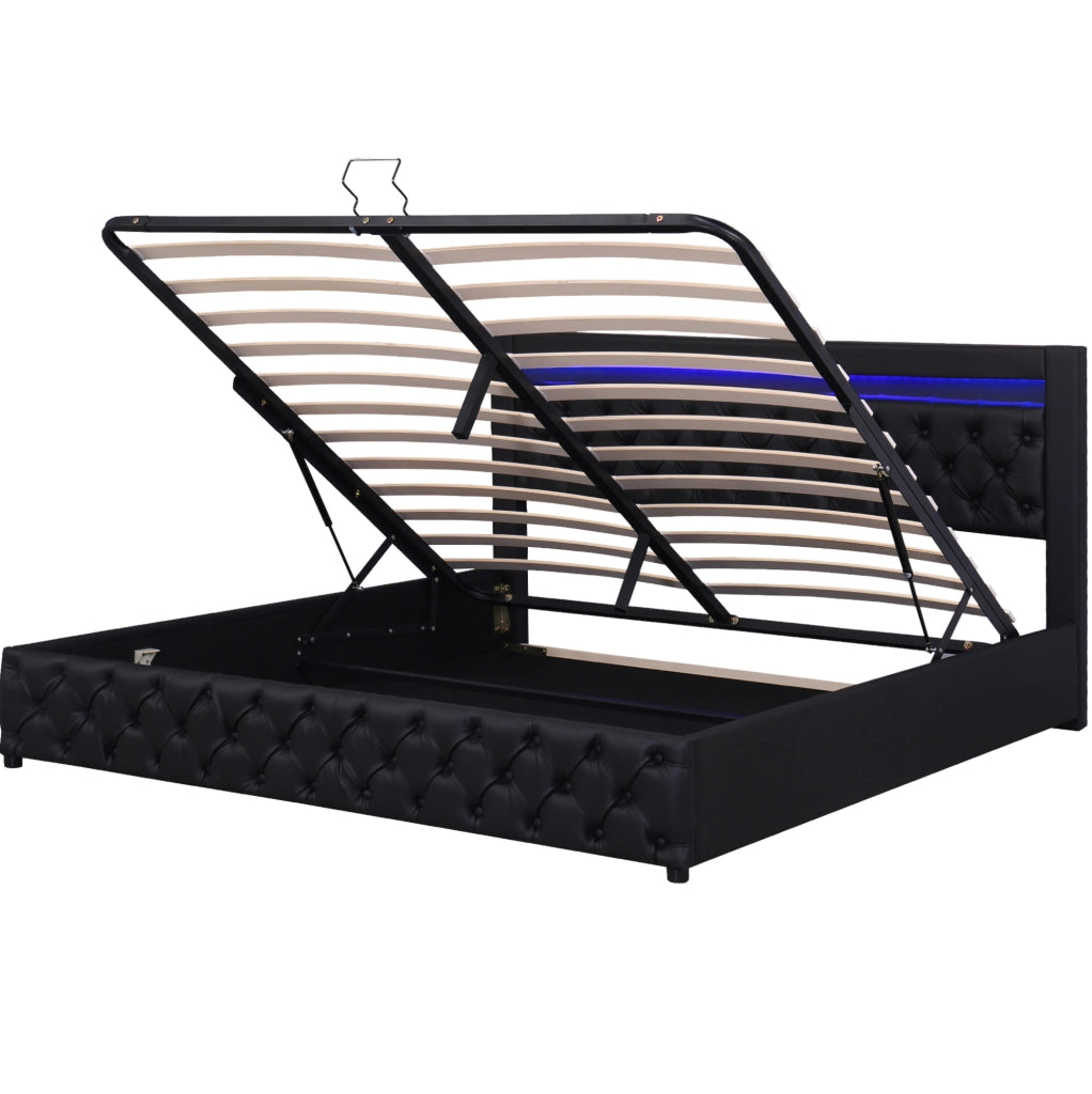 Letto imbottito 160x200 cm con contenitore e LED; in PU nero