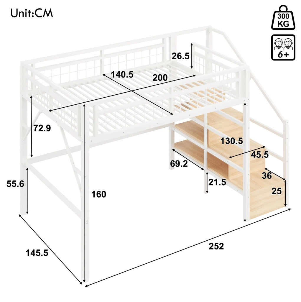 Letto a soppalco 140x200 cm con LED e scala contenitore