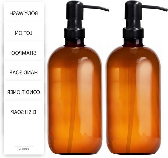 Dispensatore di Sapone in Vetro Marrone 500ml - Bottiglie con Pompa per Shampoo e Condizionatore - Dispensatori di Sapone in Vetro Marrone per Bagno o Cucina - Dispensatore di Sapone per Mano (2 Pack)