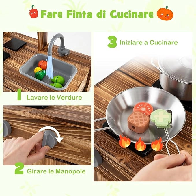 Cucina Giocattolo da Giardino con Lavagna, Cucina in Legno di Abete per Bambini con 4 Vasi da Giardinaggio, Fornelli 4 Accessori per Cucinare, 68 x 35 x 97 cm