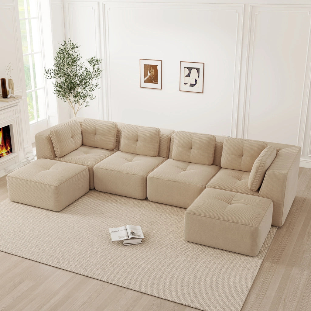 Divano angolare modulare 386x177x69 cm in velluto a coste beige; senza montaggio