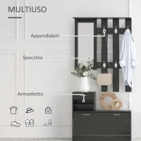Mobile da Ingresso Appendiabiti con Scarpiera e Specchio, in Truciolato, 90x10x102 cm, Nero