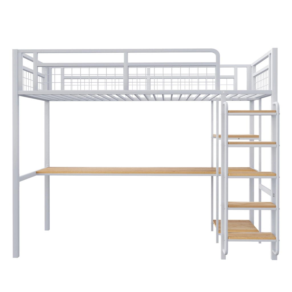 Letto a soppalco 90x200 cm con scrivania e ripiani in metallo bianco