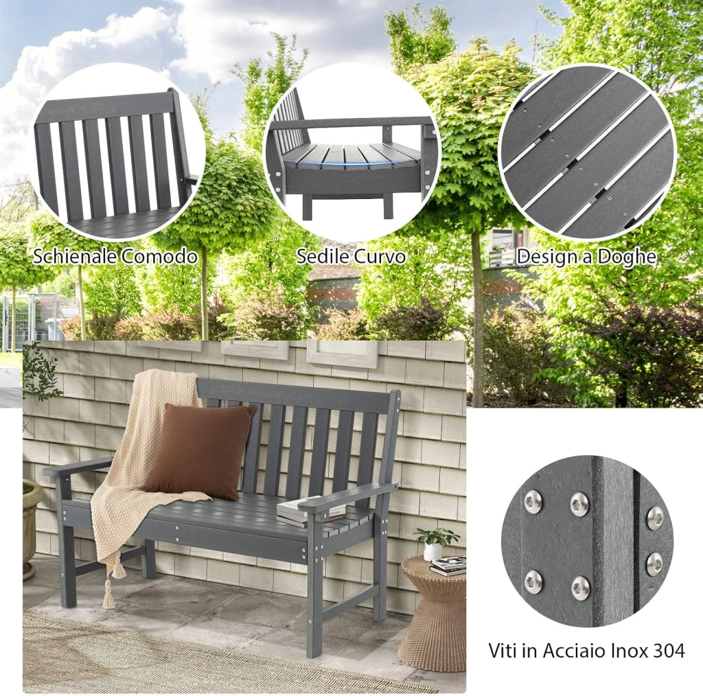 Panchina da Esterno, Panca da Giardino in HDPE Resistente con Schienale e Braccioli, Panchina da Parco, Balcone, Spogliatoio e Cortile, 132 x 65 x 91 cm (Grigio)