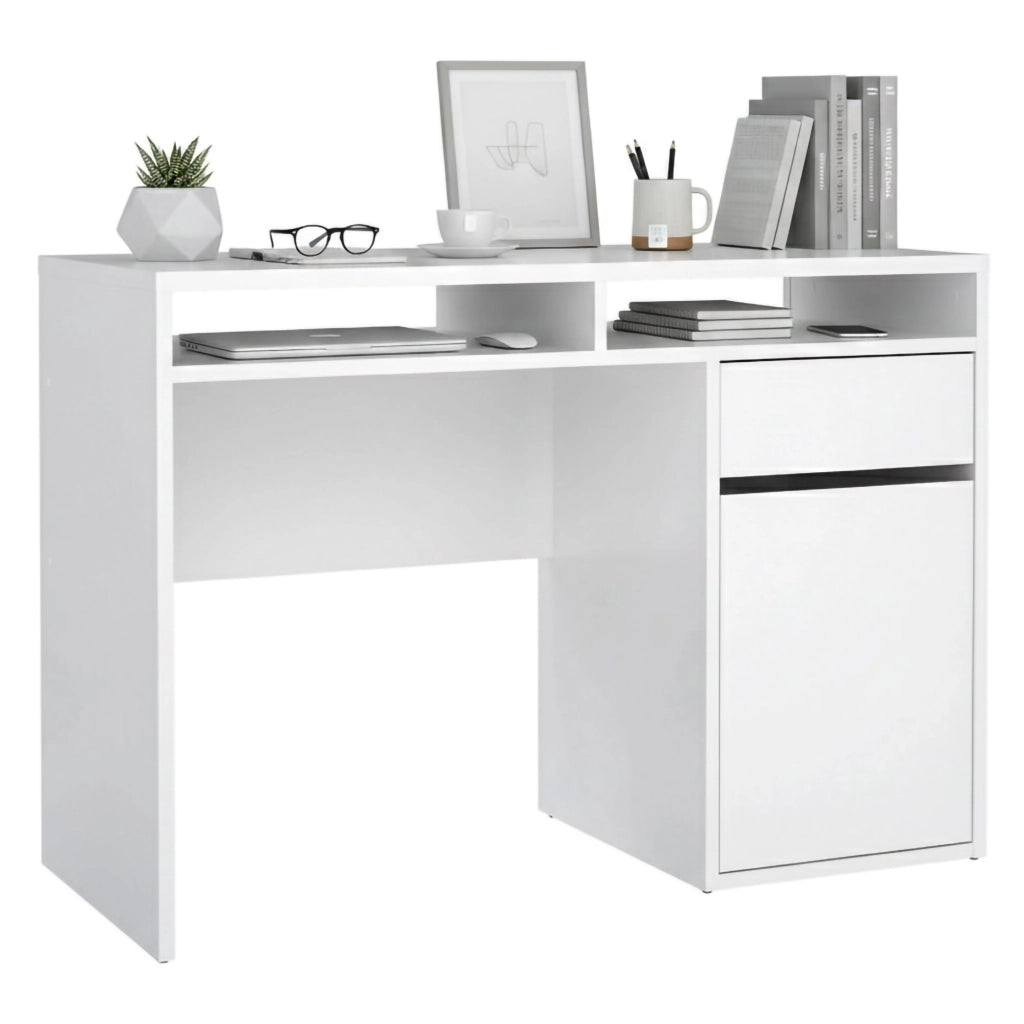 Scrivania Abbadu, Scrittoio multiuso, Tavolo per ufficio porta PC, Piano di lavoro, 110x48 h77 cm, Bianco lucido