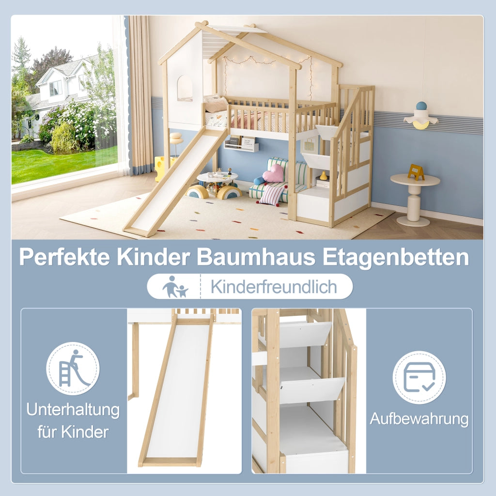 Hochbett naturwei? mit rutsche stauraumleiter bettgitter aus kiefernholz 90x200 cm