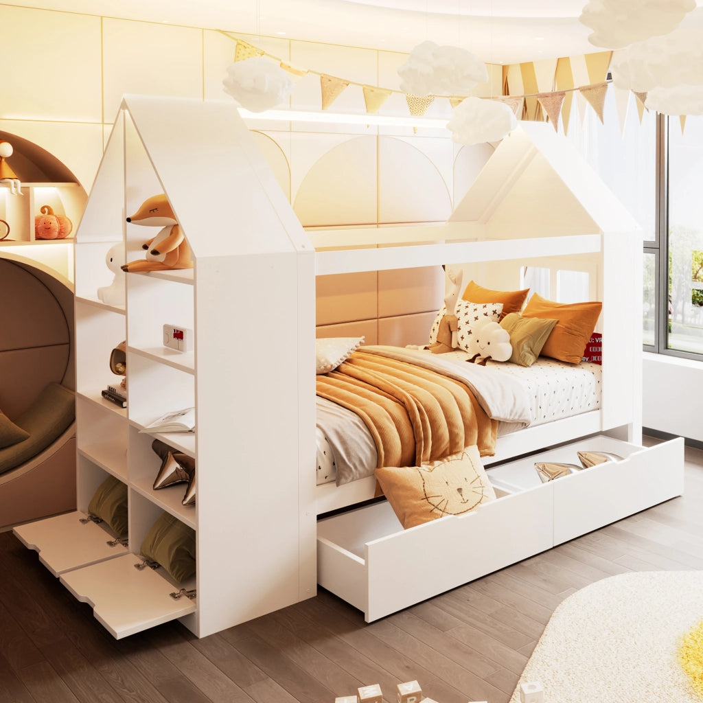 Letto per bambini 90 × 200 cm a casetta con 2 cassetti, LED, ripiani, senza materasso, in legno, bianco