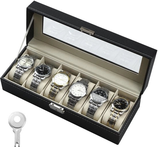 Cassetta orologio con 6 compartimenti, cassa orologio con coperchio in vetro, realizzata in velluto, adatta per la conservazione di orologi, gioielli, ecc., il regalo perfetto per uomini