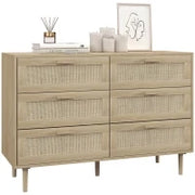 Cassettiera 6 Cassetti in Legno e Rattan Stile Boho per Soggiorno e Camera da Letto, 110x40x75 cm