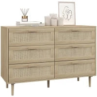 Cassettiera 6 Cassetti in Legno e Rattan Stile Boho per Soggiorno e Camera da Letto, 110x40x75 cm