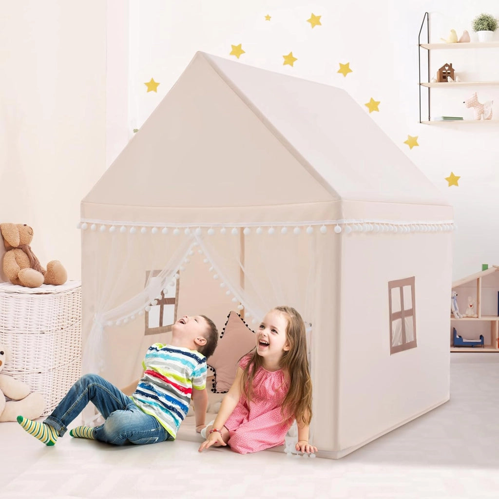 Tenda da Gioco Casetta per Bambini, Castello Giocattolo in Legno Cotone, con Struttura Stabile e Finestre Traspirabili, 105x120x140 cm (Beige)