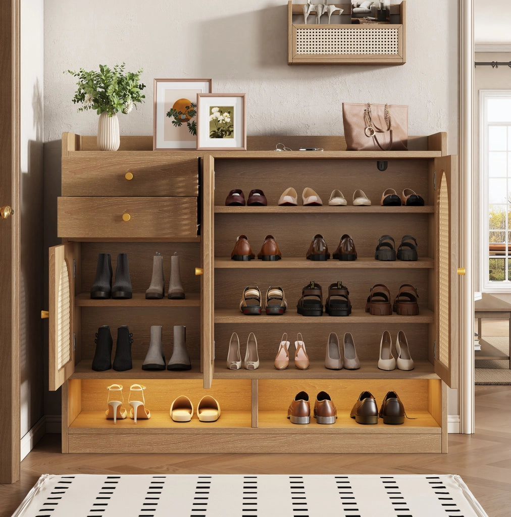Scarpiera ULEVR 120x35x100 cm con 3 ante in rattan, 2 cassetti, ripiani regolabili e LED, naturale
