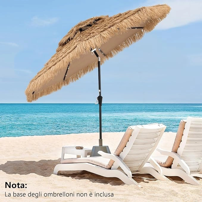 Ombrellone da Giardino in Paglia PP, Ombrellone Hawaiano 256 cm, con Luci LED, Manovella Manuale, Inclinazione di 35°, Ombrellone Tiki con 8 Stecche per Spiaggia Giardino