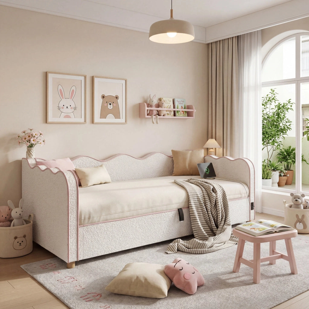 Divano letto 90x200 cm, con vano portaoggetti, presa USB, imbottitura morbida, tessuto boucl??, beige e rosa