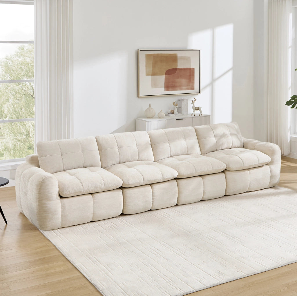 Divano modulare 334x97x68 cm in chenille beige; design senza telaio con seduta ampia e profonda