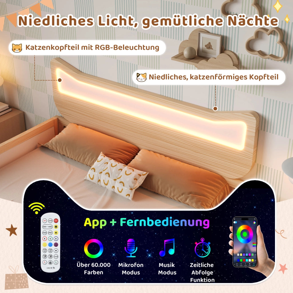 Lettino per bambini con orecchie da gatto e luci a LED 140x200 cm in legno di rovere e bianco