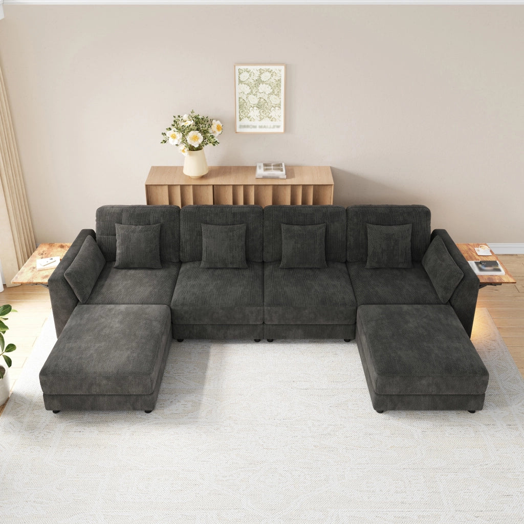 Divano angolare modulare a U e L con 2 pouf mobili, luci LED e tavolino pieghevole, in ciniglia grigio