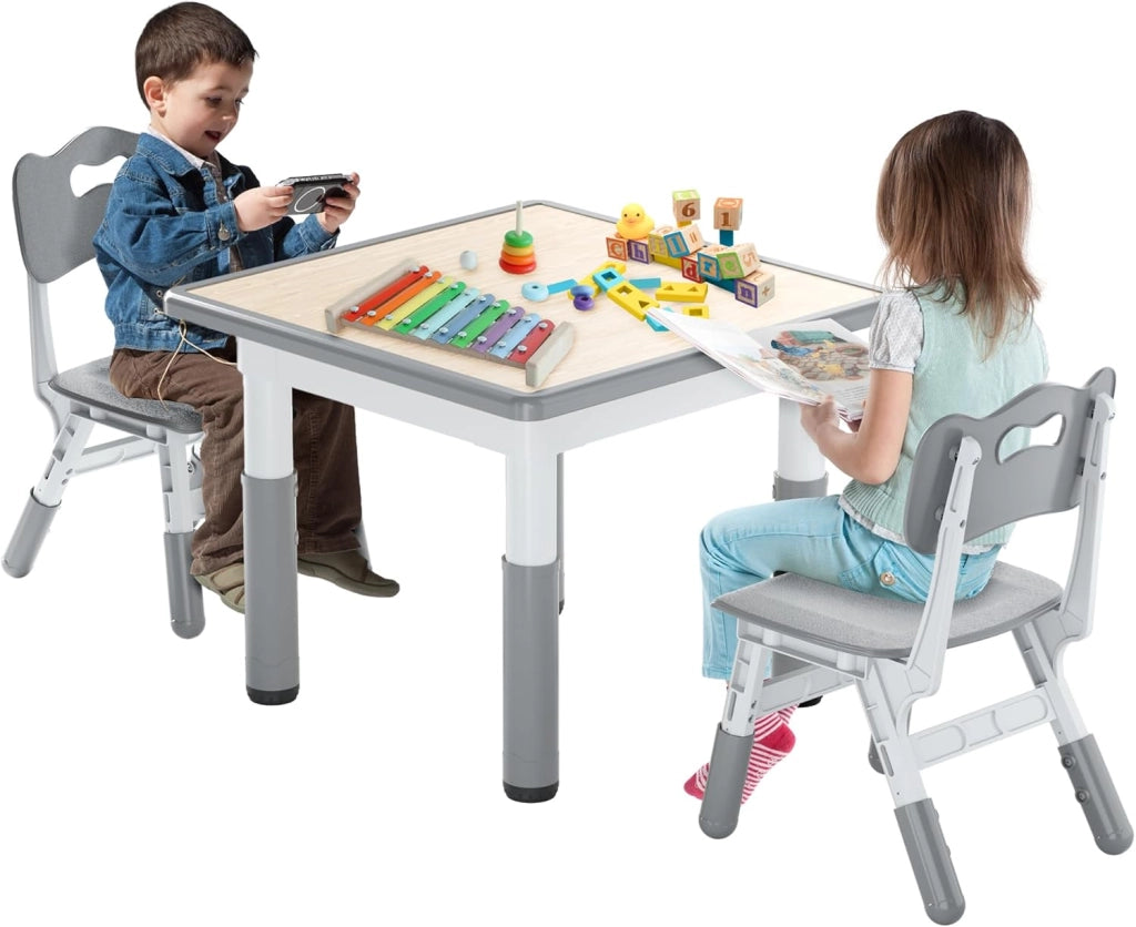 Tavolo per bambini con 2 sedie per bambini, regolabile in altezza, 3 pezzi, in plastica, per cameretta dei bambini, 60 x 60 cm