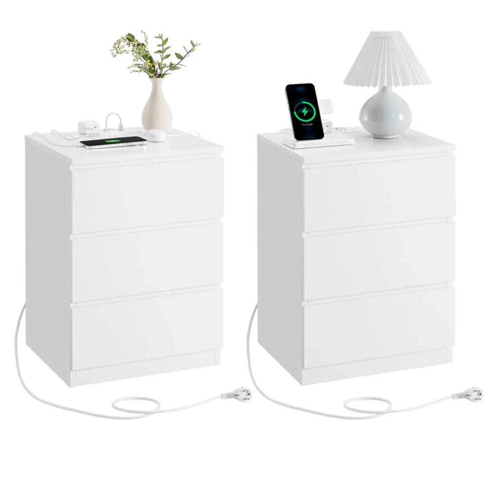 Comodino con multipresa tavolino con 3 cassetti 2 prese CA 2 porte USB frontali dei cassetti smussati per soggiorno camera da letto ufficio moderno bianco 12_0007612