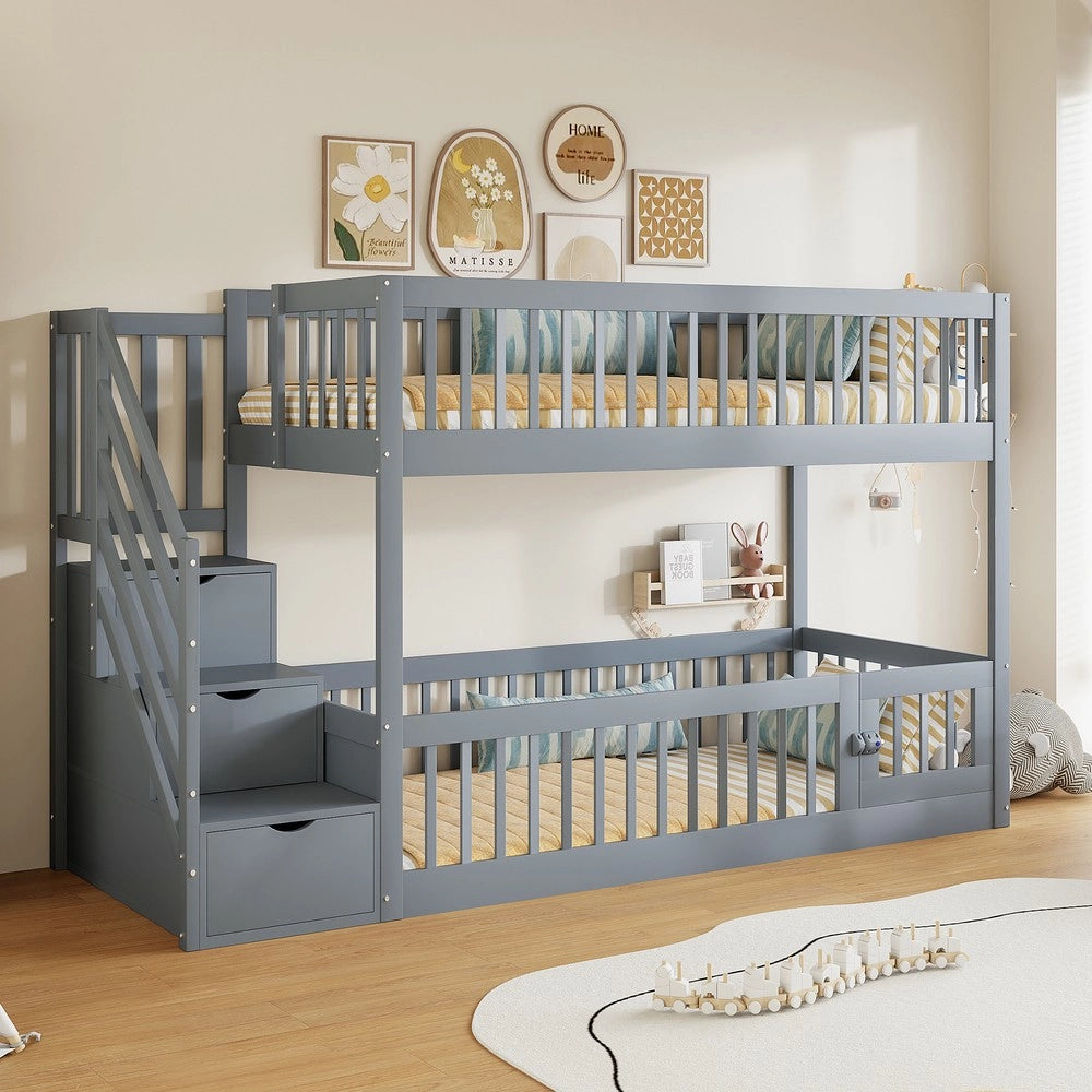 Letto a Castello 90x200 con Cassetti e Scaletta ¨C MINIMAL ¨C Grigio, Legno
