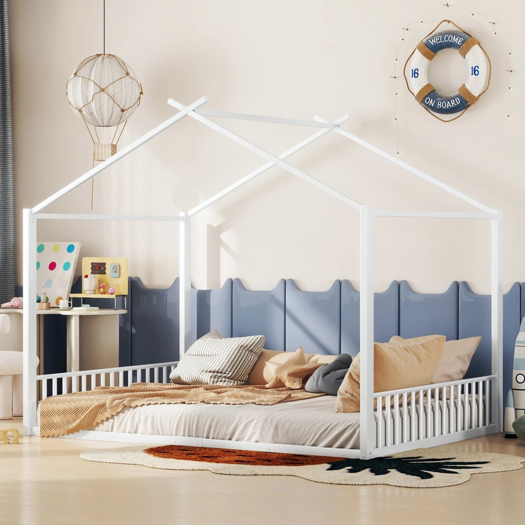 Letto per Bambini Letto Matrimoniale 140×200 cm con Struttura a Casetta; senza Materasso; in Metallo; Bianco