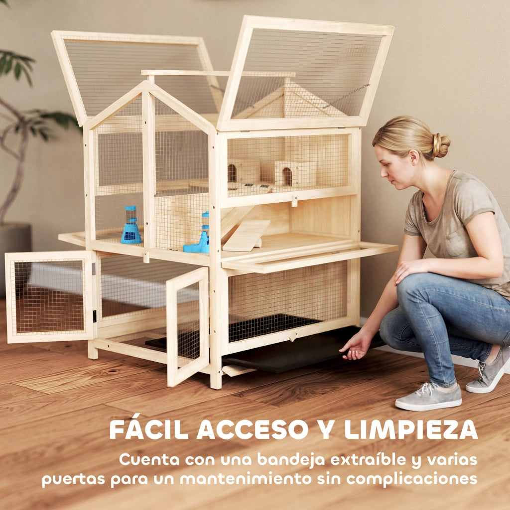Casetta per Criceti 3 Livelli in Legno con Bebederi, Scivoli, Cassetto Estraibile ¨C Zephmum ¨C Naturale