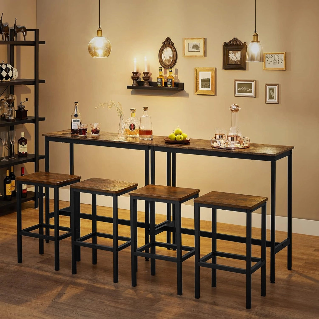 Tavolo Alto, Set di Tavolo e Sgabelli da Bar, Tavolo da Colazione con Set di 2 Sgabelli, Struttura in Acciaio Industriale, Marrone Vintage e Nero Inchiostro