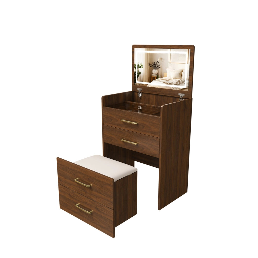 Toeletta 3 in 1 con specchio apribile e piano in vetro; MDF; noce
