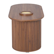 Tavolino da Caffè Ovale con Vani Portaoggetti e Ripiani Aperti; Texture Verticale; in MDF; Noce; 105×50×46;5 cm