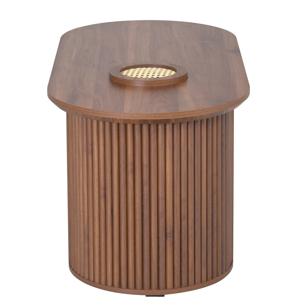 Tavolino da Caffè Ovale con Vani Portaoggetti e Ripiani Aperti; Texture Verticale; in MDF; Noce; 105×50×46;5 cm