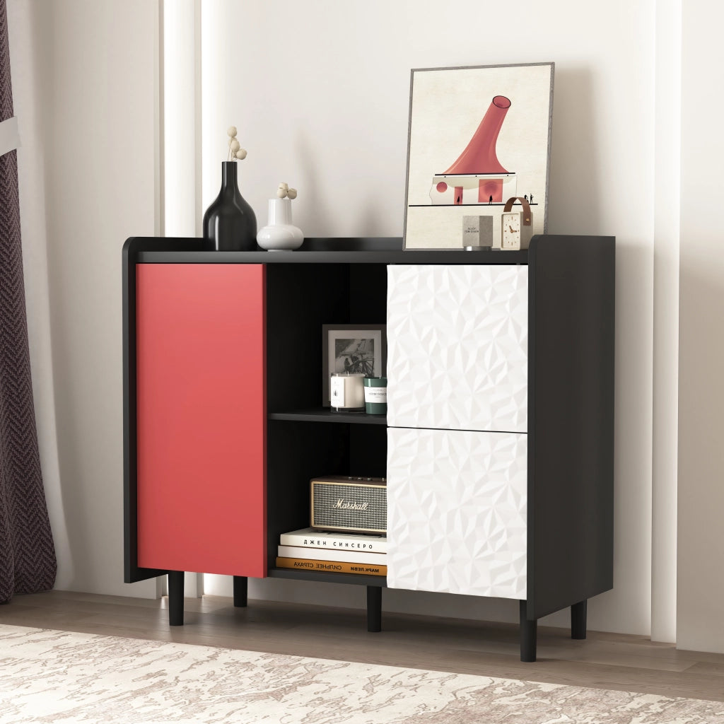 Credenza con 2 Cassetti; 2 Vani Aperti e 1 Anta per Cucina e Sala da Pranzo in MDF 90 × 40 × 80 cm Nero e Rosso