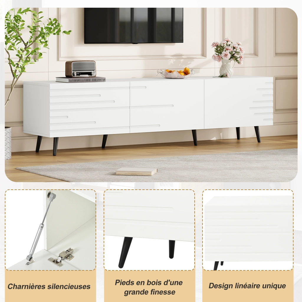 Mobile TV con 3 ante a ribalta; 6 piedini; per soggiorno; in MDF; 180×40×48 cm; bianco