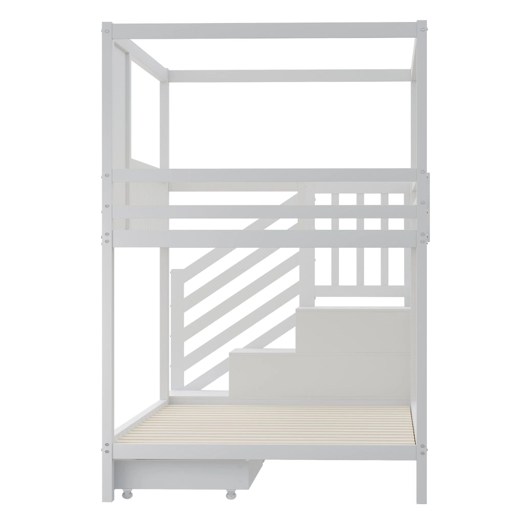 Letto a Castello 90x200 cm; Letto 2 Posti - Scala con cassetti e Ganci - Legno - Bianco