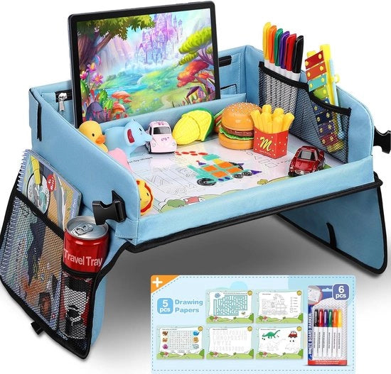Tavolo da viaggio, Tavolo da disegno multifunzionale con superficie lavabile - 6 matite e 5 fogli di carta da disegno - Attività creative per bambini