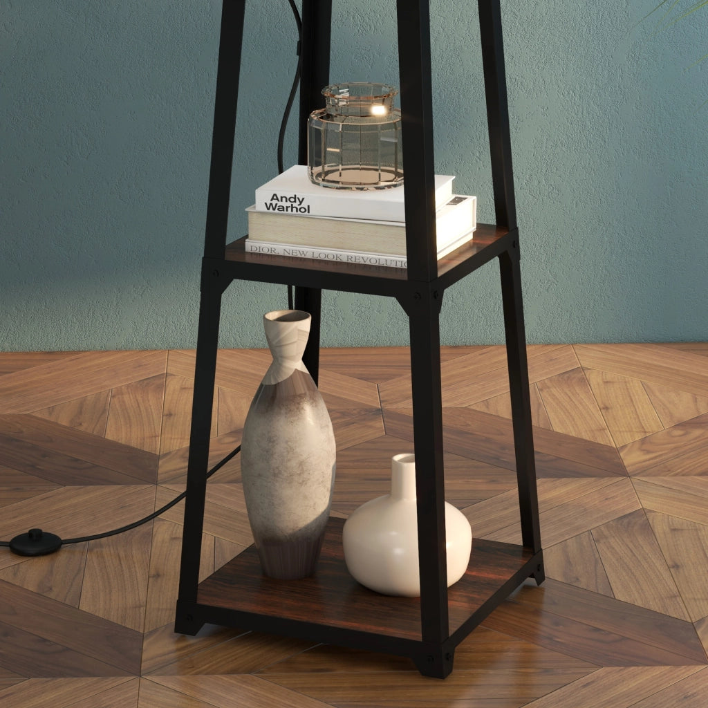 Lampada da Terra a 3 Ripiani ¨C zephmum ¨C Nero e Beige, Metallo e MDF, ?42x166 cm