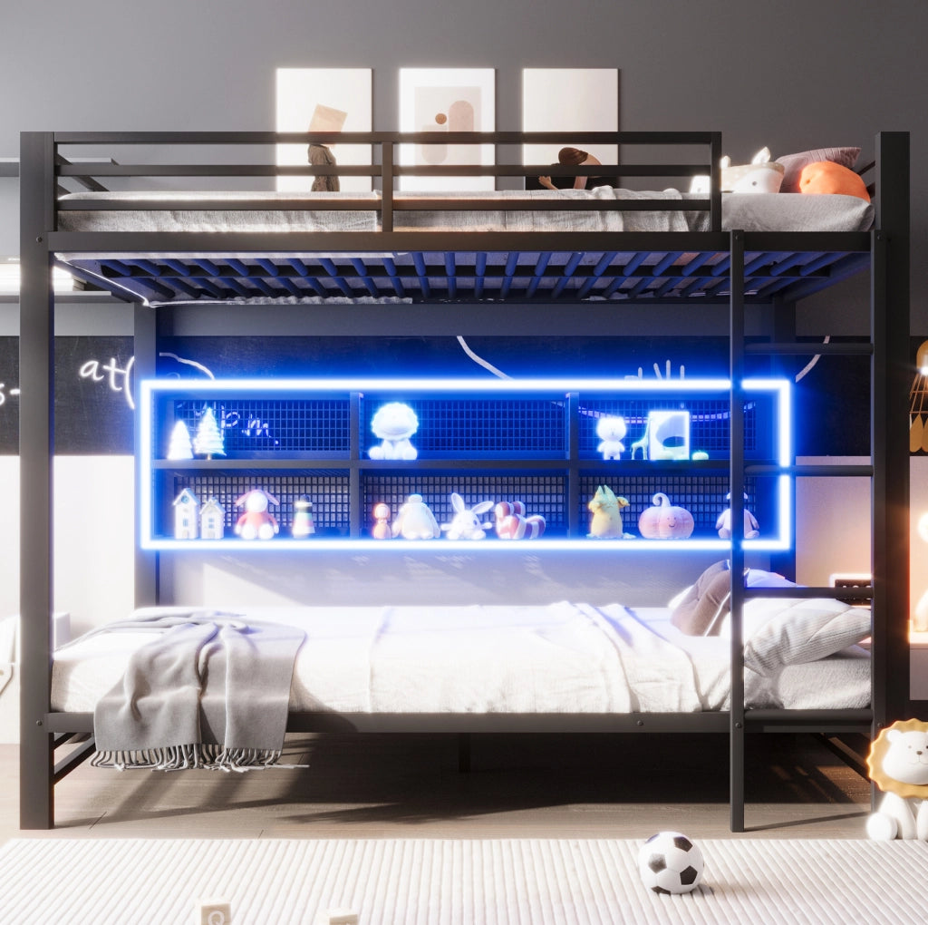 Letto a castello 140x200 cm in metallo nero con 6 armadietti e LED HAVRYA