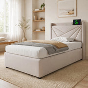 DESMIU Letto singolo 1 posto con vano contenitore, USB e Type-C, 90 × 200 cm, senza materasso, in lino di cotone, beige