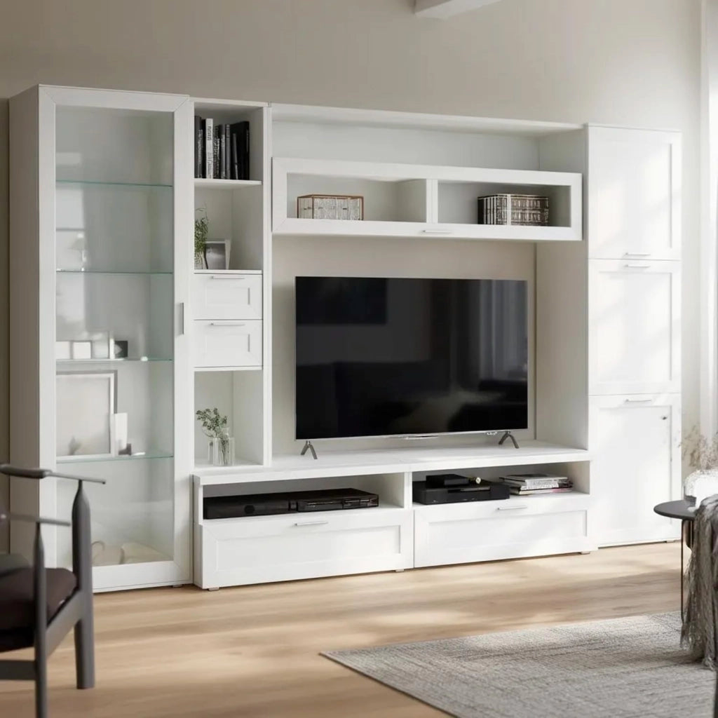 Parete Attrezzata Soggiorno Con Vetrina 6 Ante Battenti E 3 Ribalte Ampio Mobile Porta TV Con Ripiani In Design Moderno Per Zona Living Elegante Funzionale Minimal 300 X 50 X 215 Cm Bianco