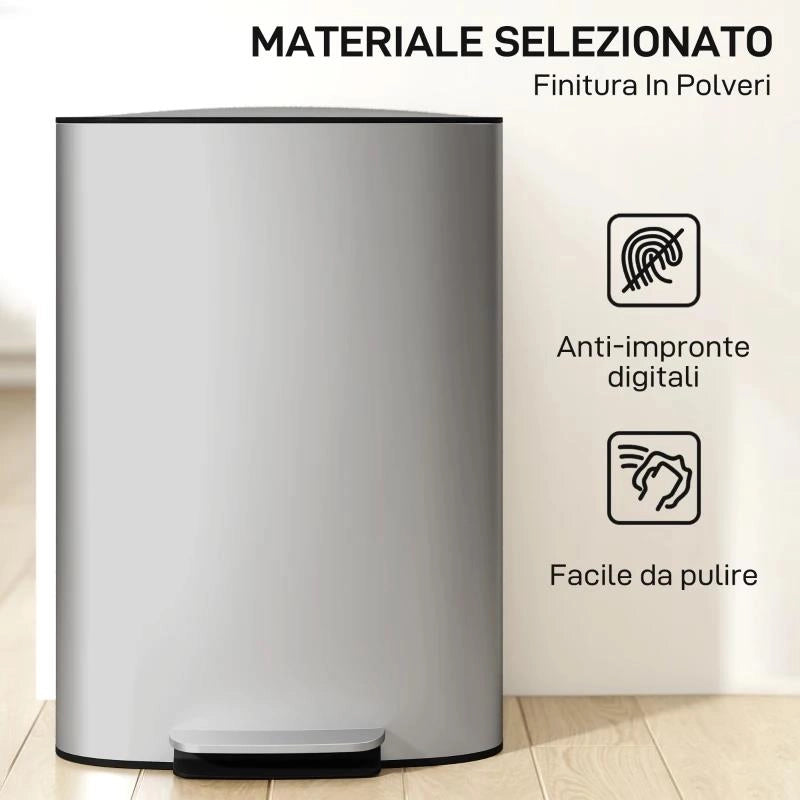 PATTUMIERA A PEDALE DA 50L CON COPERCHIO AMMORTIZZATO, APERTURA A 90¦ E SECCHIO RIMOVIBILE, ACCIAIO INOX, GRIGIO