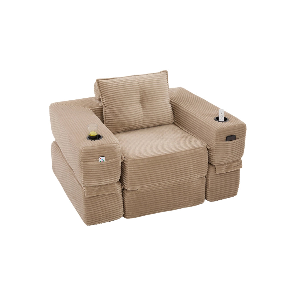 Divano letto - con tasche laterali e portabicchieri - in velluto a coste khaki