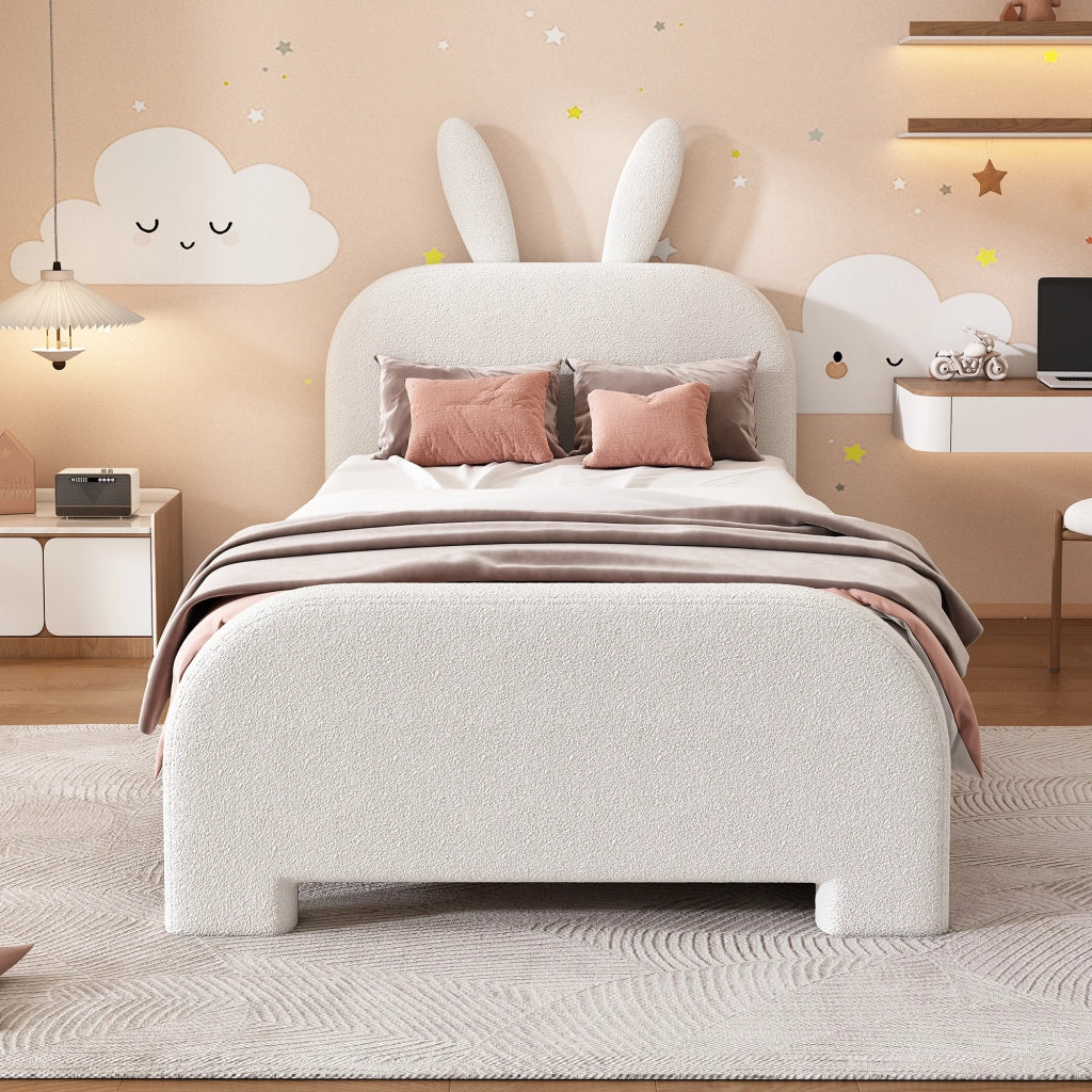 DESMIU Letto per Bambini 1 Posto con 2 Cassetti e Testiera Coniglio 90 × 200 cm, senza materasso, in Peluche e MDF, Bianco