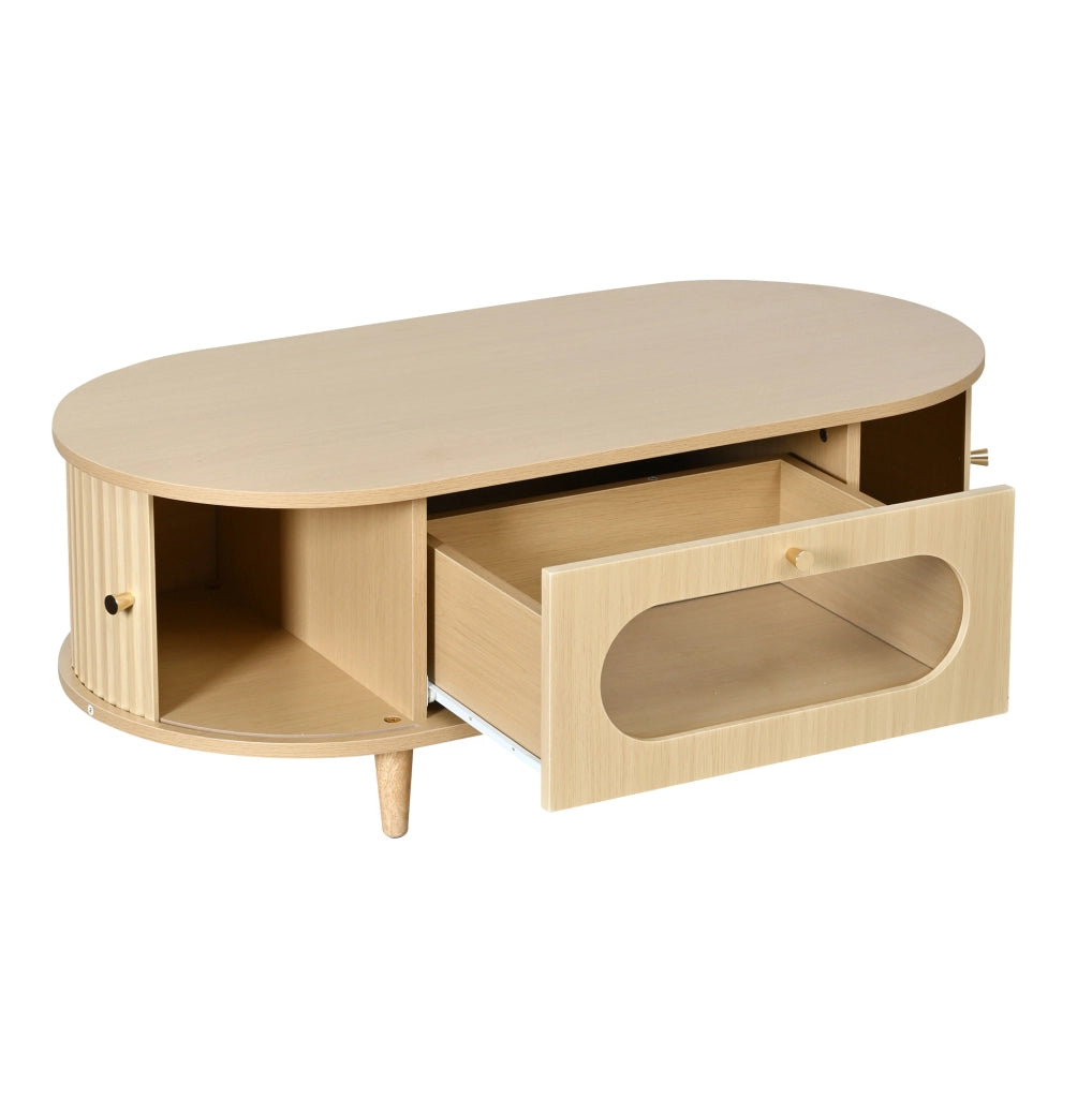 Tavolino da salotto 100x50x36 cm in MDF effetto legno; con cassetto e ante a serranda; oak