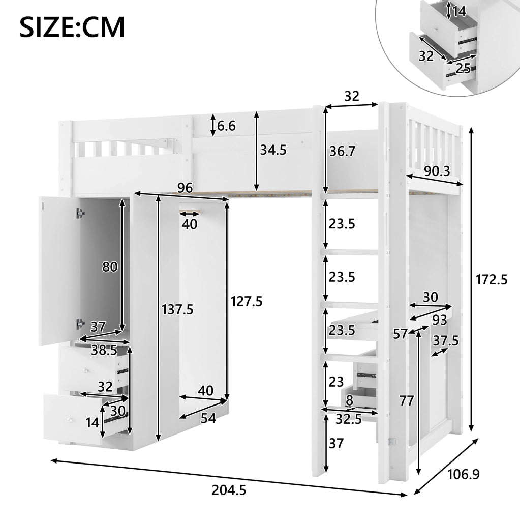 Letto a soppalco 90x200 cm in legno massello e MDF; bianco; con scrivania; LED e cassetti