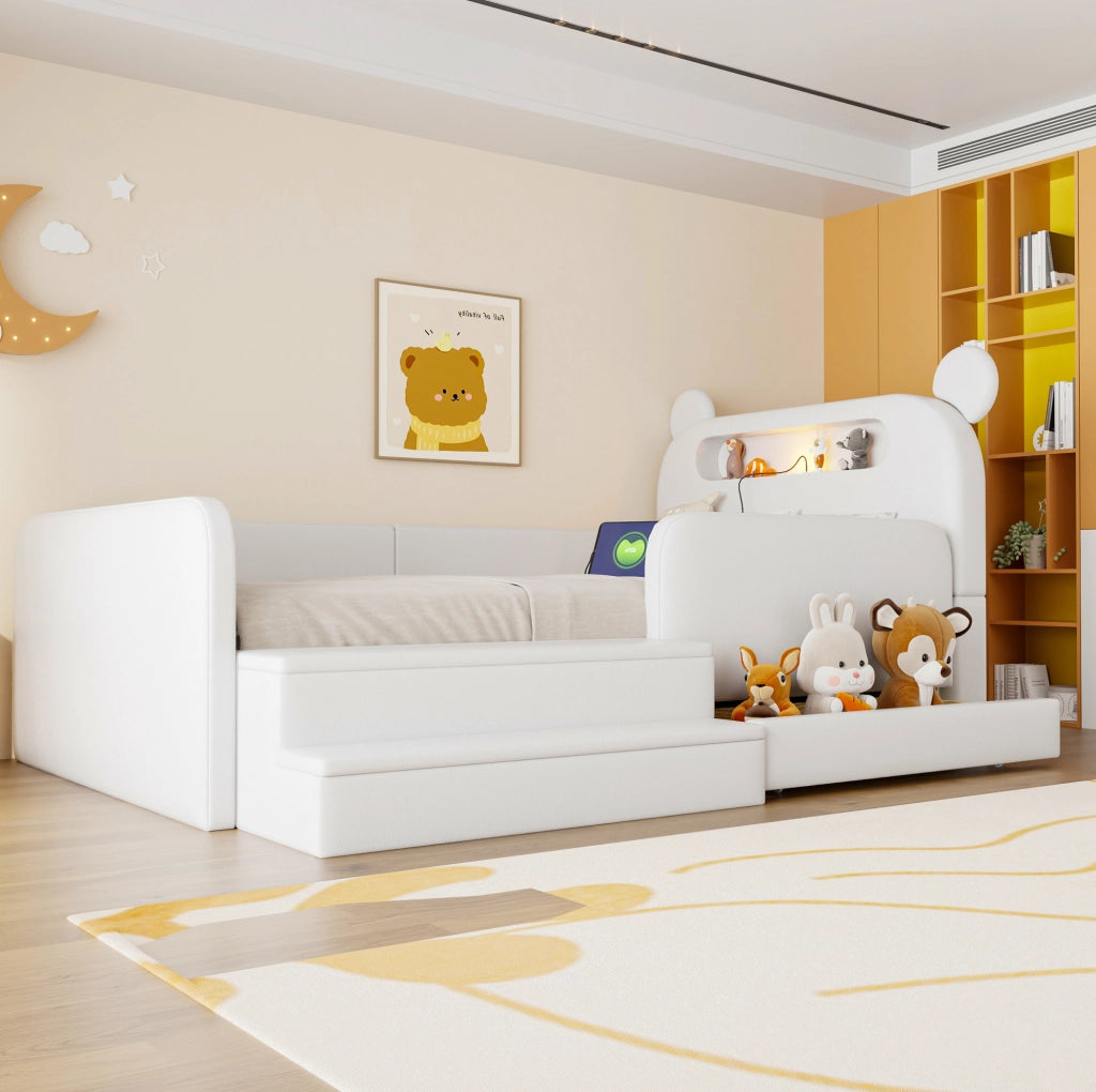 Letto imbottito per bambini 90x200 cm con testiera orso, luce notturna e USB bianco