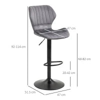 Set 2 Sgabelli da Bar ad Altezza Regolabile con Seduta Ergonomica e Poggiapiedi, Sgabelli Alti in Effetto Velluto e Metallo, 47x51.5x92-114 cm, Grigio