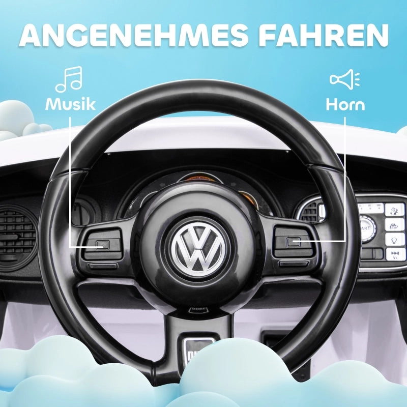 Macchina elettrica per bambini, modello Maggiolino VW, velocit¨¤ 3-5 km/h, con telecomando e musica, colore bianco.
