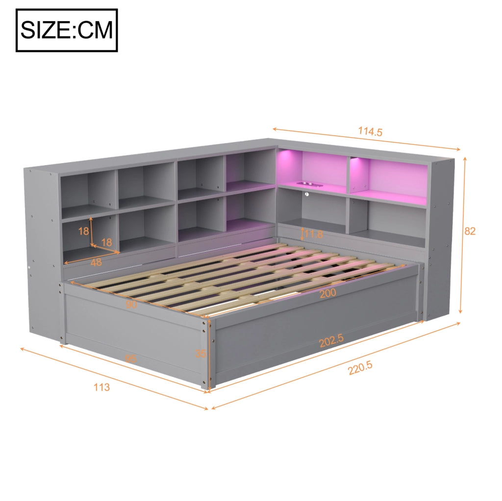 Divano letto 90x200 cm con presa multifunzione; vani portaoggetti e LED in legno grigio