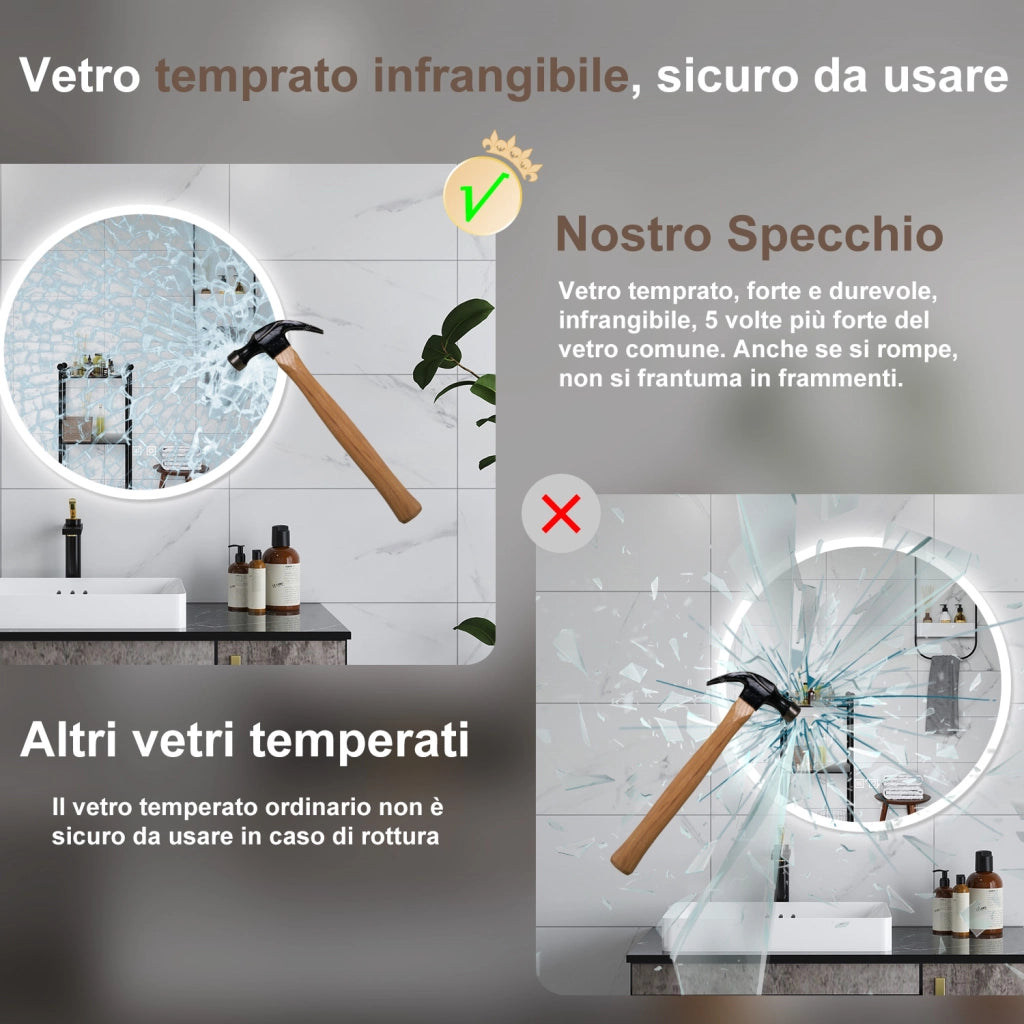 AICA Specchio da bagno 70 x 70 cm, 3 colori, antiappannamento, dimmerabile, interruttore touch, Funzione Memoria