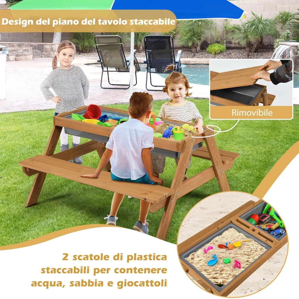 Set Tavolo e Sedie per Bambini da Giardino 3 in 1, con Ombrellone Rimovibile e Regolabile, Piano Rimovibile, Tavolo con Panche in Legno per Bambini da Interno Esterno (Colore 3)